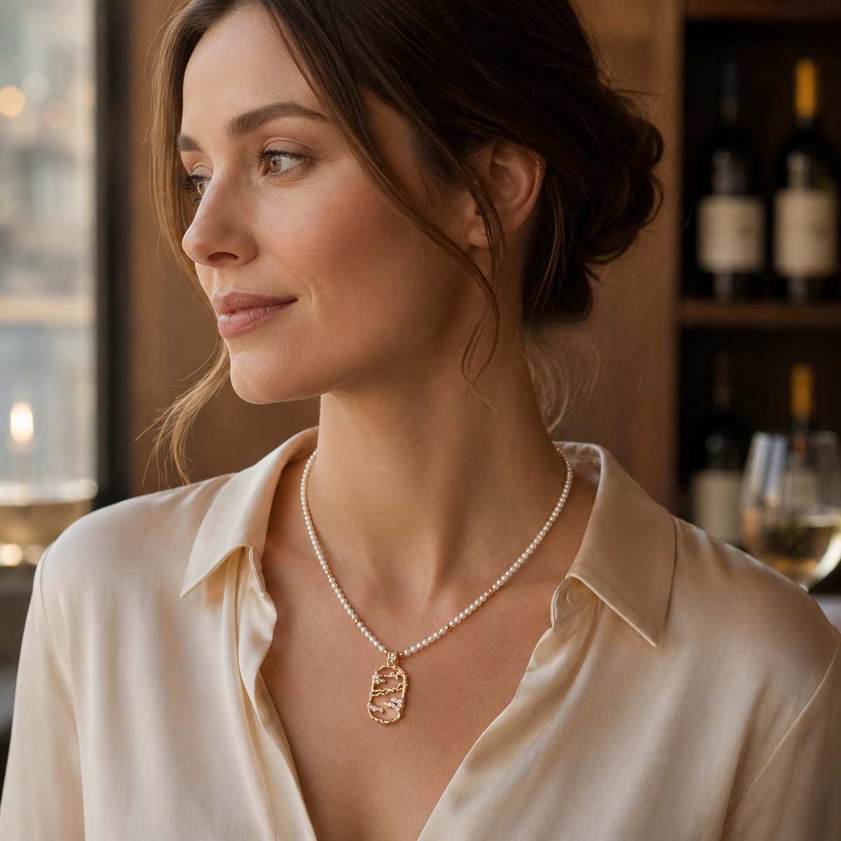 Model wearing the Vintage Gold mother-of-pearl pendant necklace with a natural pearl strand