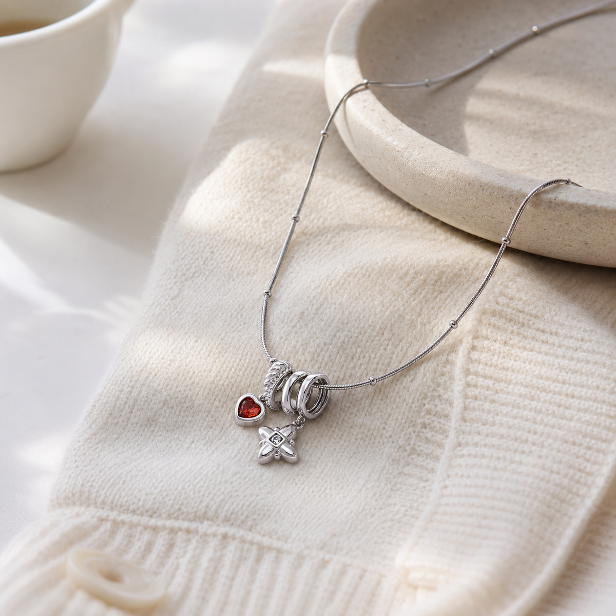 Silver S925 zircon layered charm pendant necklace