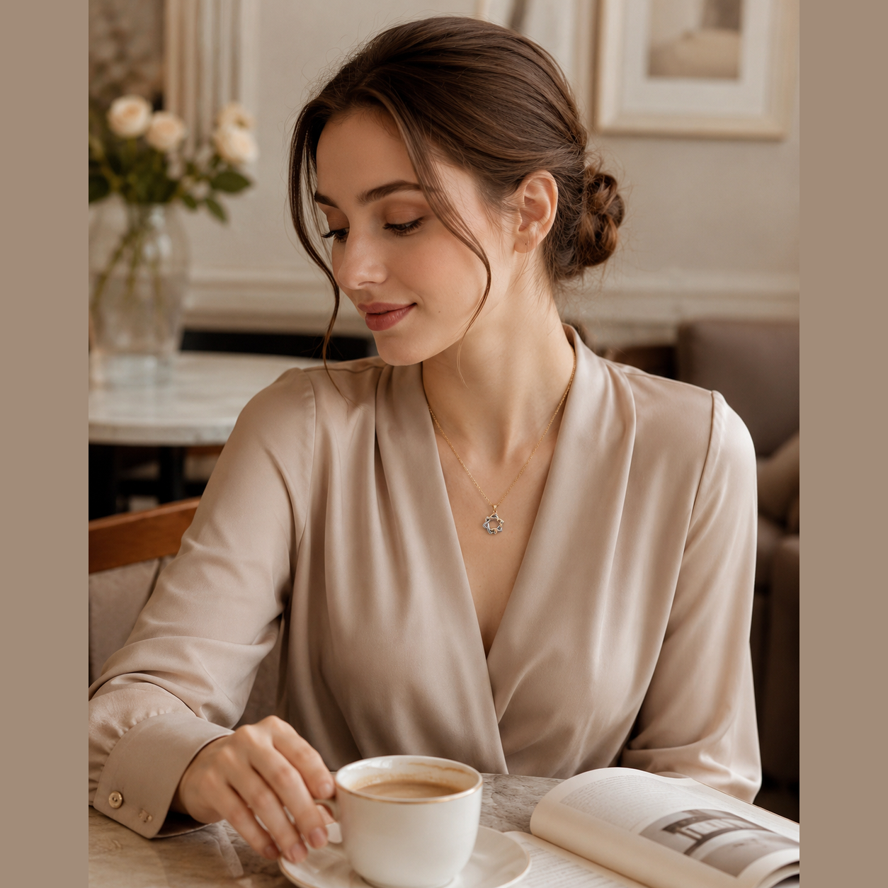 Model wearing the Interwoven Star Pendant Necklace with an office look