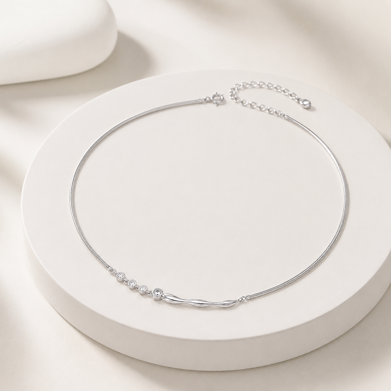 Silver fluid zircon Sterling Silver Necklace flat lay