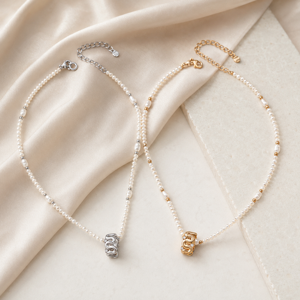 Vintage Gold and Silver sculpted natural pearl zircon necklaces flat lay