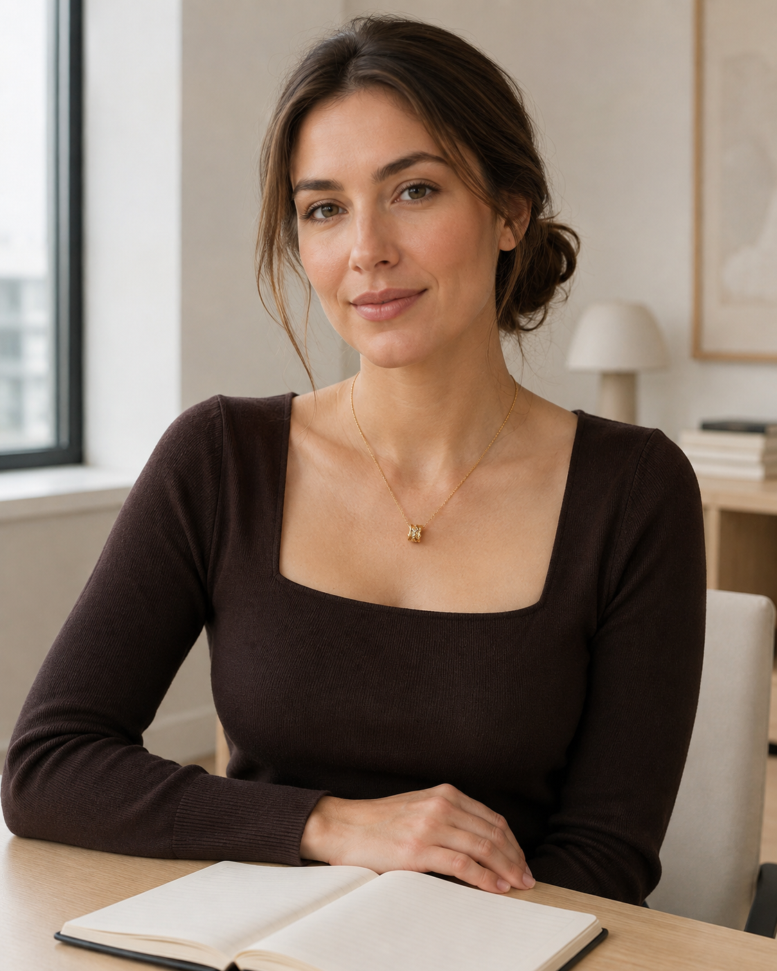 Model wearing Vintage Gold Vintage Zircon Pendant Necklace with a brown knit top