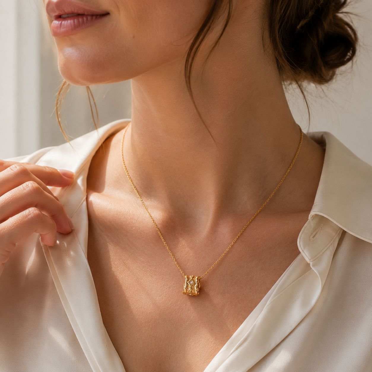 Close neck view of a model wearing Vintage Gold Vintage Zircon Pendant Necklace