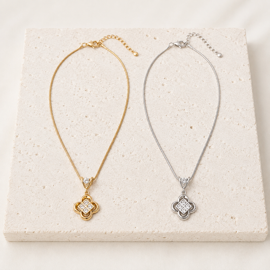 Vintage Gold and Silver clover zircon pendant necklaces