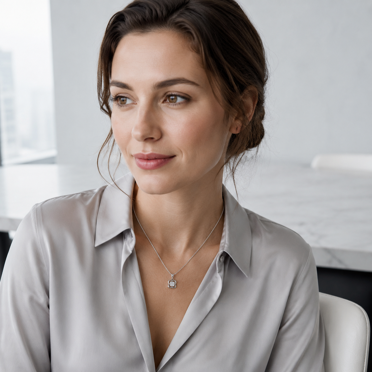 Model wearing Silver clover zircon pendant necklace