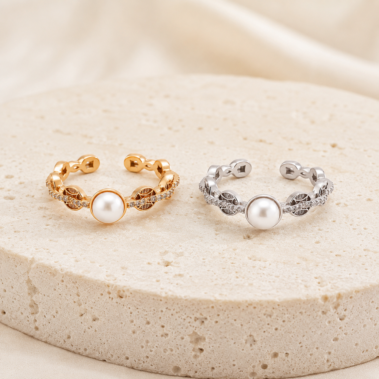 Vintage Gold and Silver pearl coin motif rings shown together