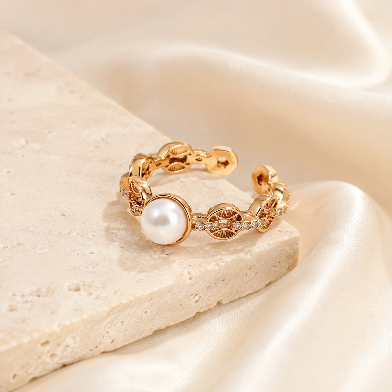 Vintage Gold pearl coin motif ring on a stone display