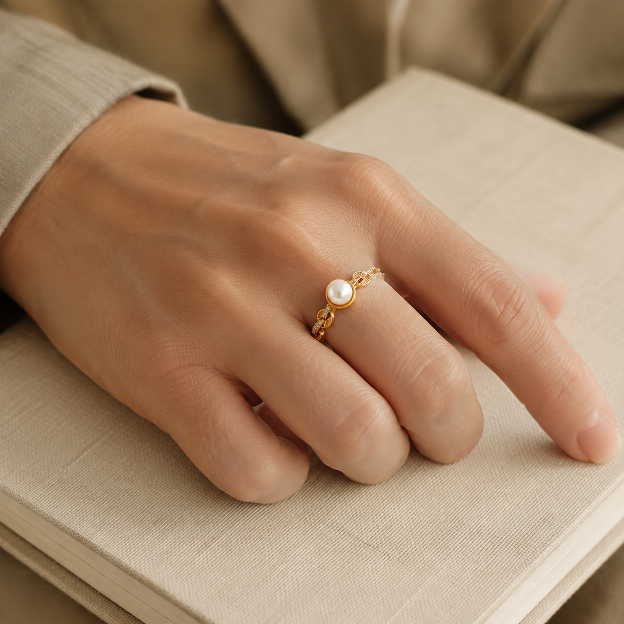 Model wearing the Vintage Gold pearl coin motif ring