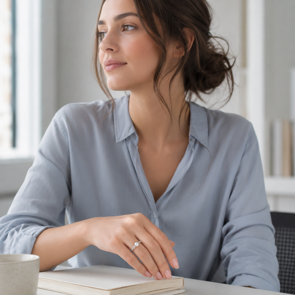 Model wearing the Silver pearl coin motif ring at a desk
