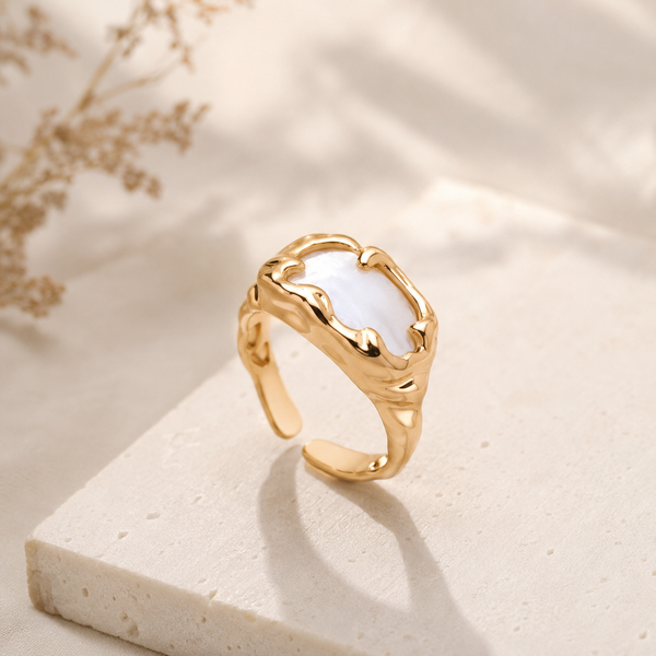 Vintage Gold lava-textured mother of pearl adjustable ring