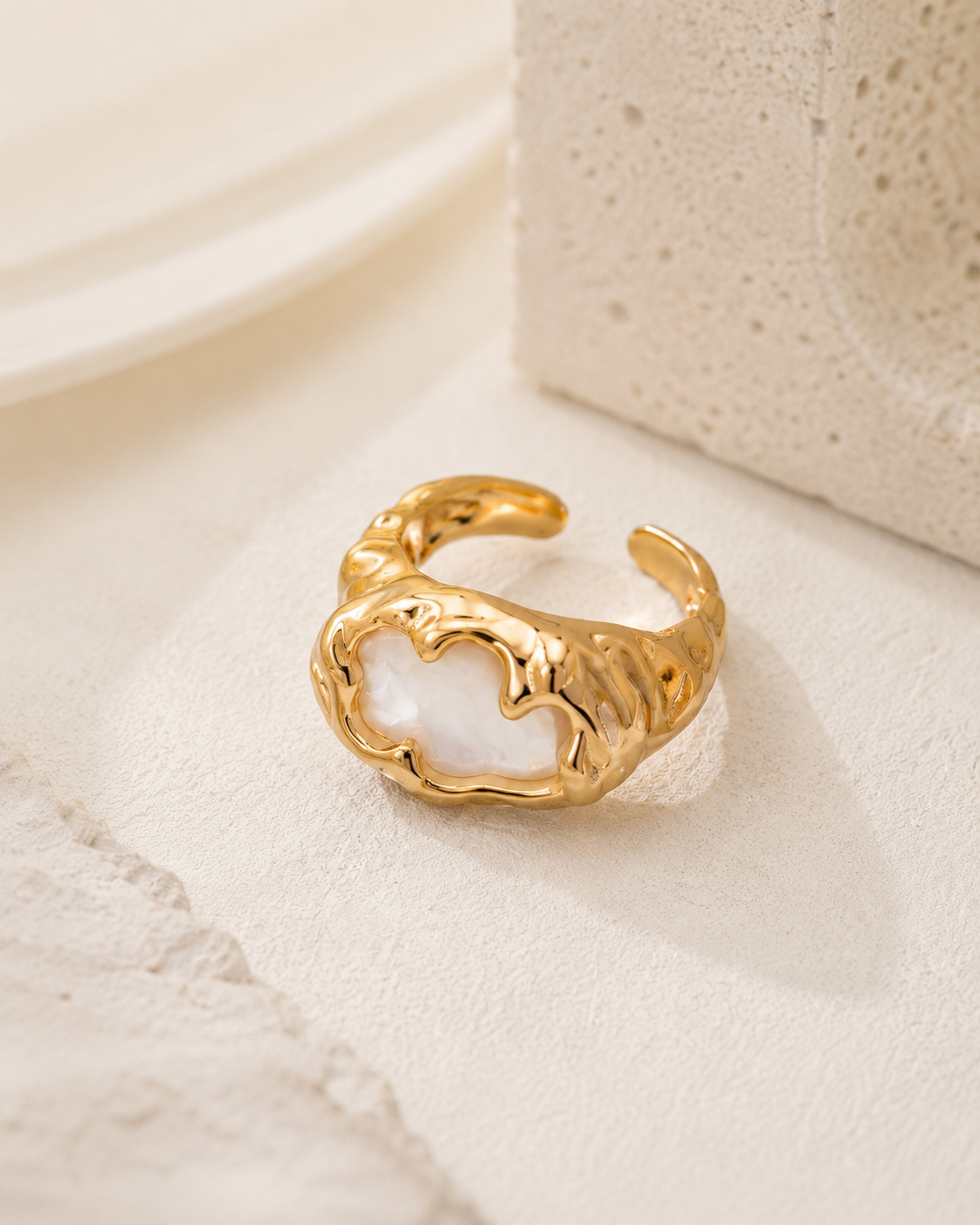 Vintage Gold mother of pearl ring with organic molten texture