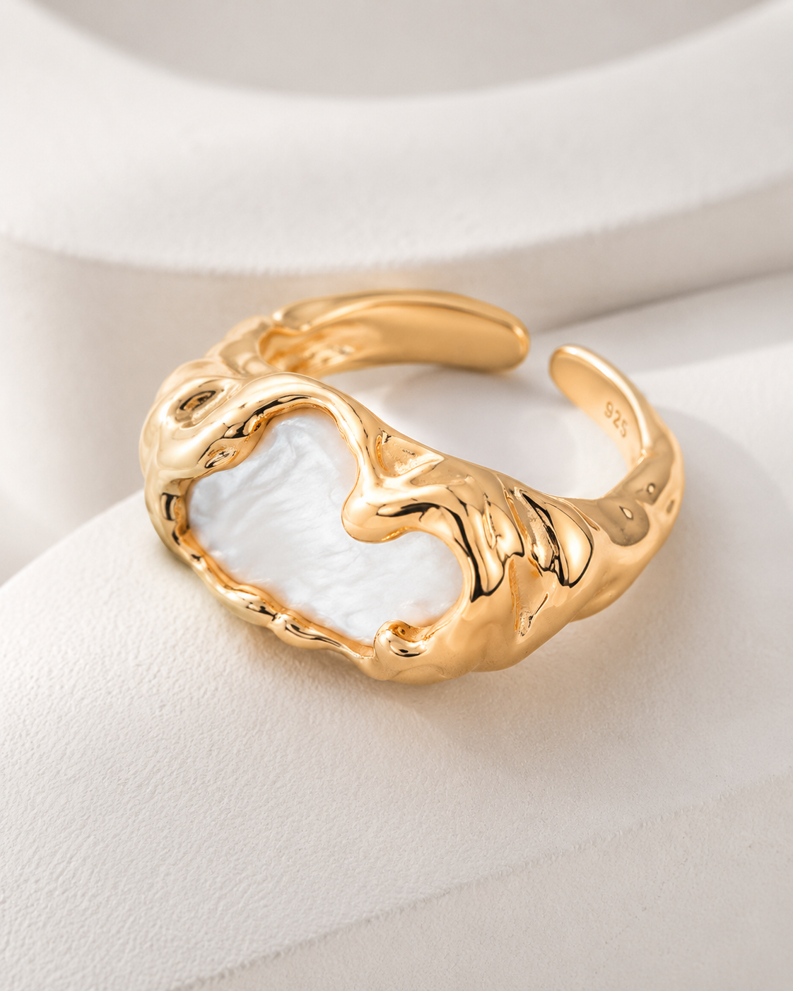 Close-up of S925 mother of pearl adjustable ring in Vintage Gold
