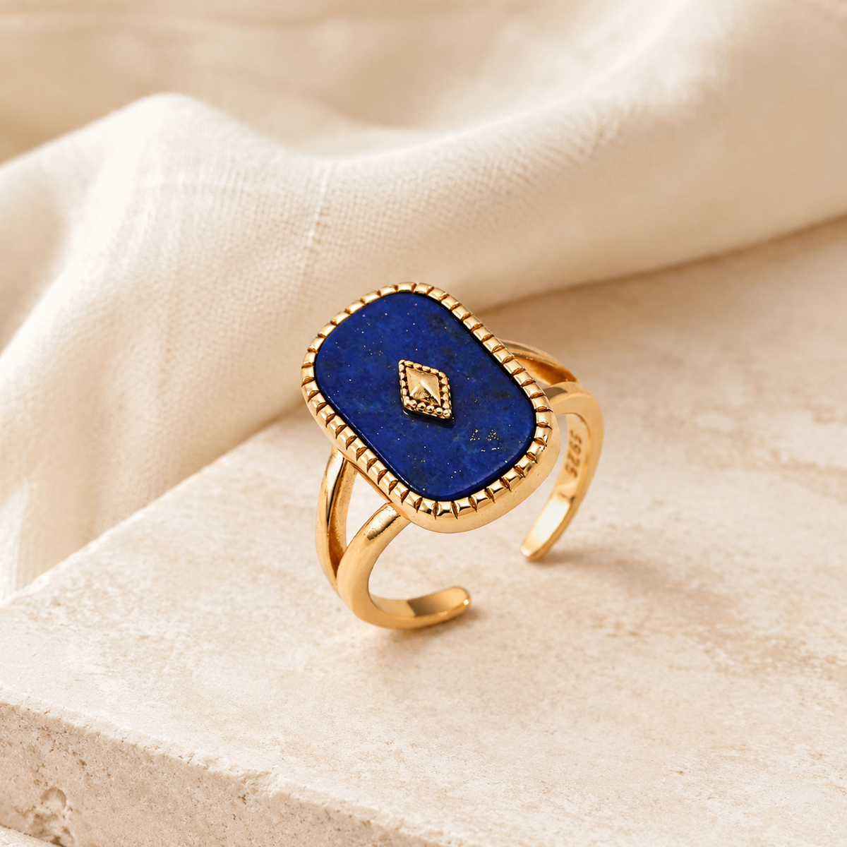 Vintage Gold S925 silver adjustable ring with natural lapis lazuli plaque