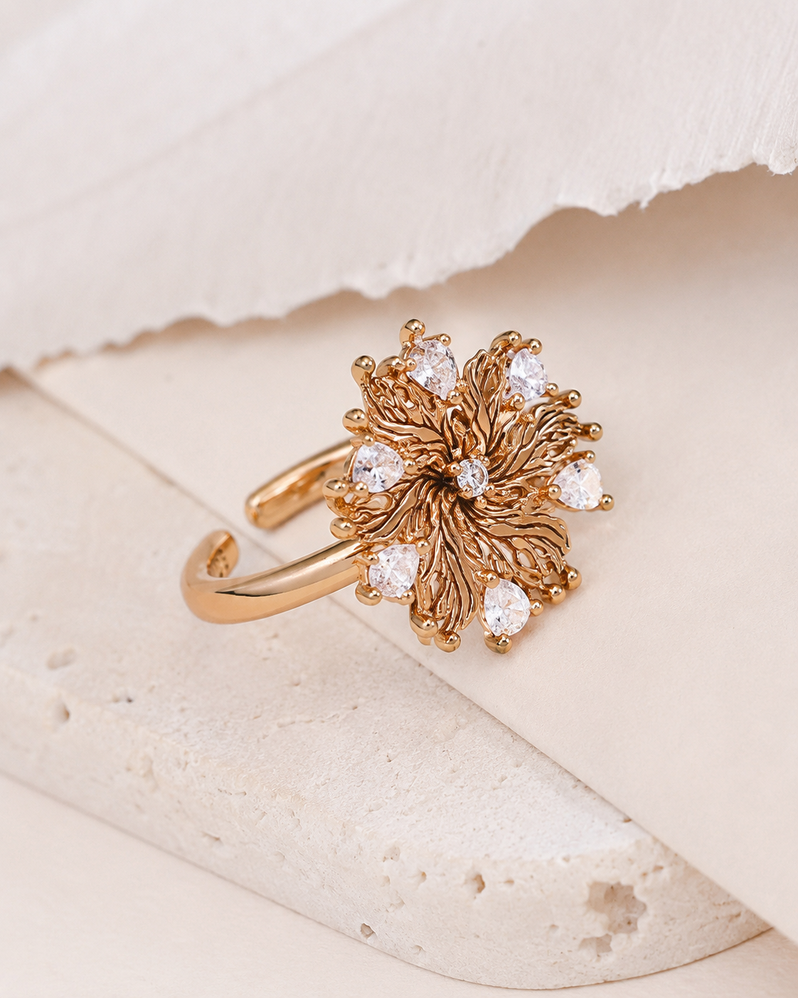 Six-Petal Lily Zircon Adjustable Ring — Vintage Gold image 2
