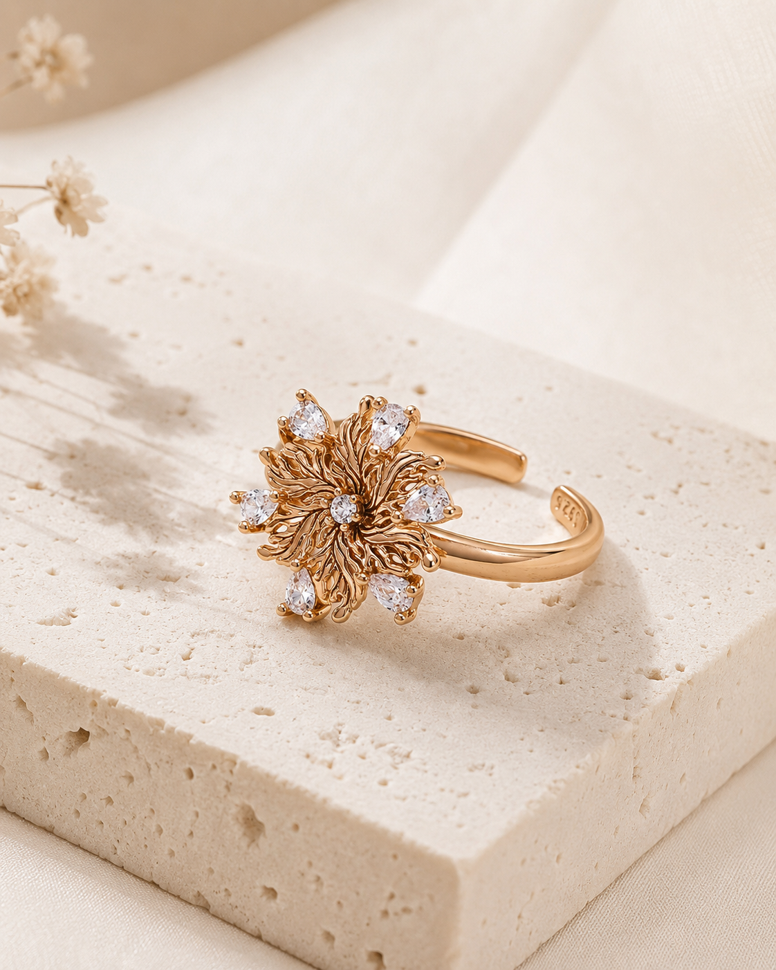 Six-Petal Lily Zircon Adjustable Ring — Vintage Gold image 3