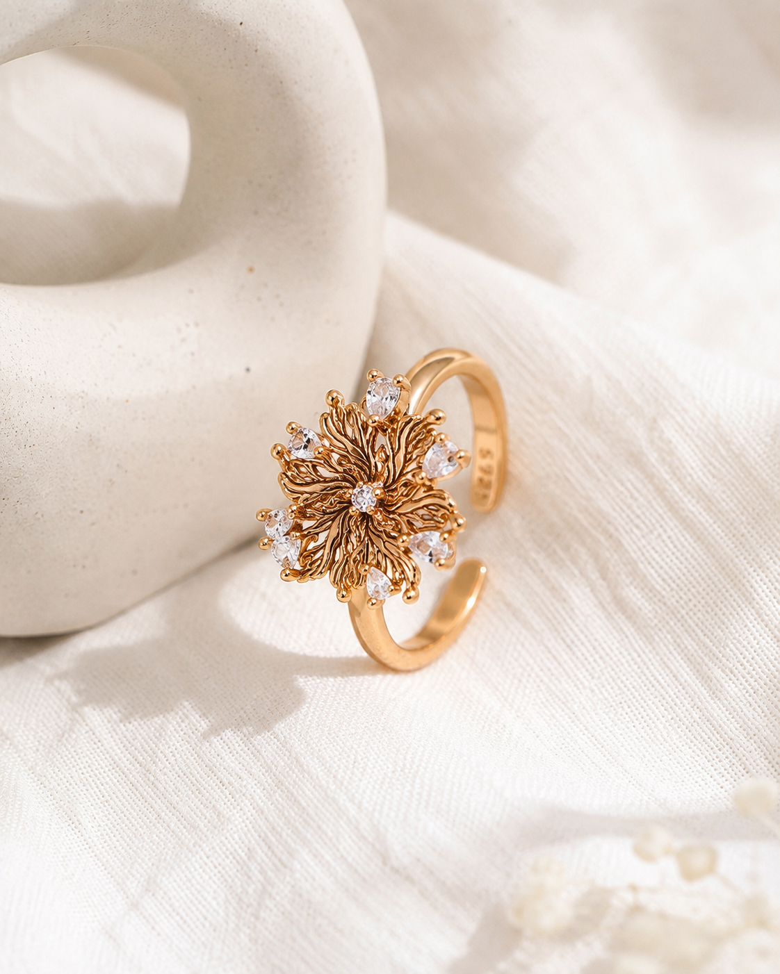 Six-Petal Lily Zircon Adjustable Ring — Vintage Gold image 4