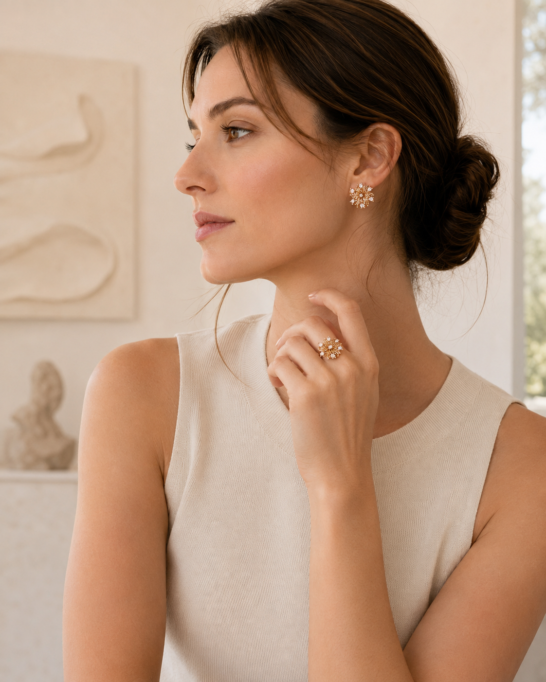 Six-Petal Lily Zircon Adjustable Ring — Vintage Gold image 5