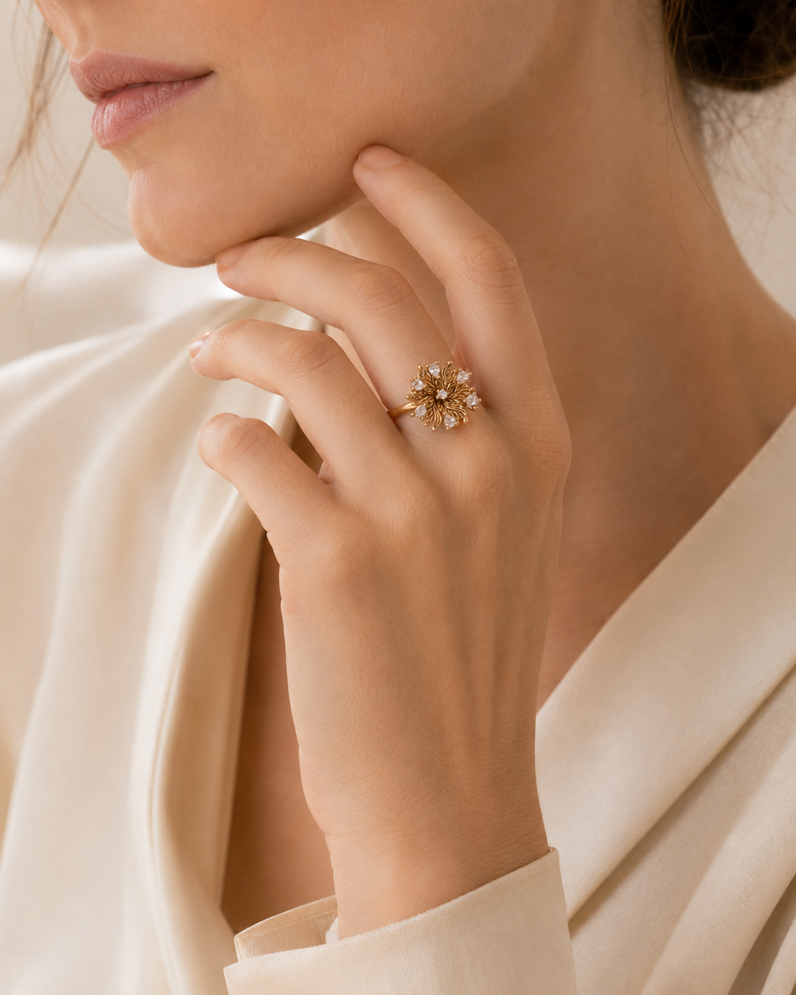 Six-Petal Lily Zircon Adjustable Ring — Vintage Gold image 6