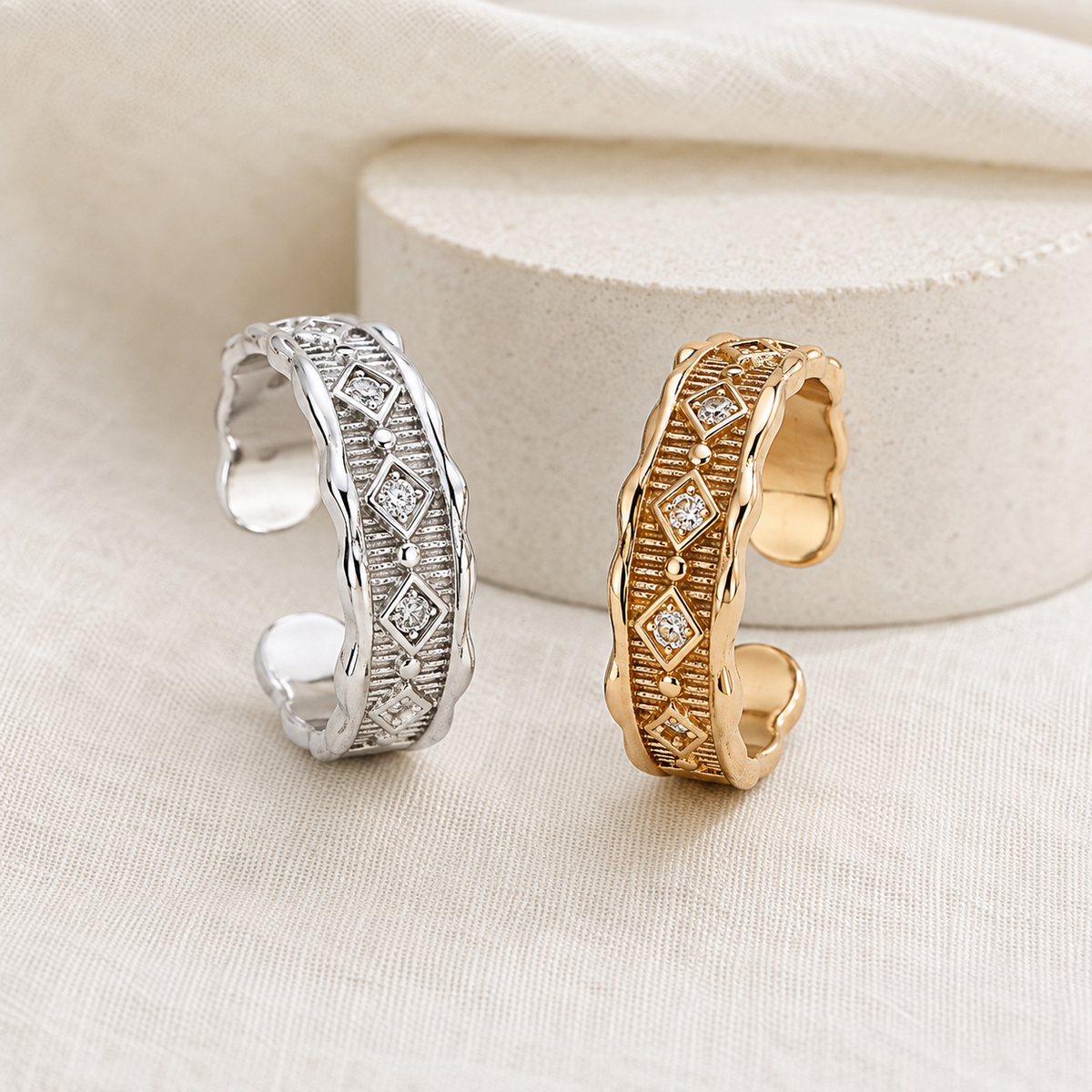 Vintage Gold and Silver Vintage Zircon Rings shown together