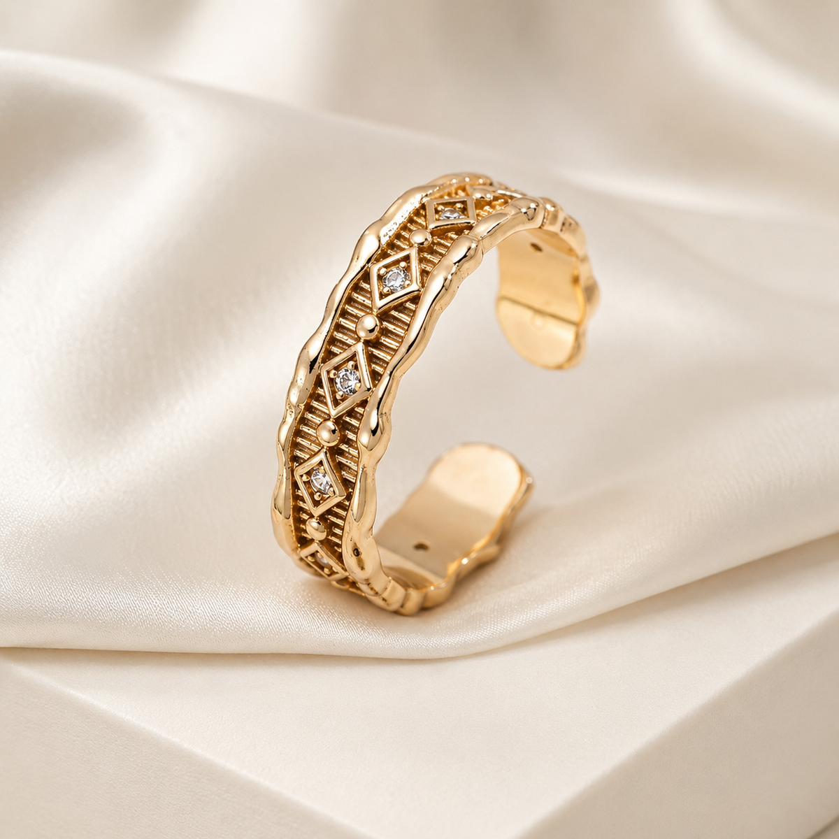 Open Vintage Gold Vintage Zircon Ring on ivory satin
