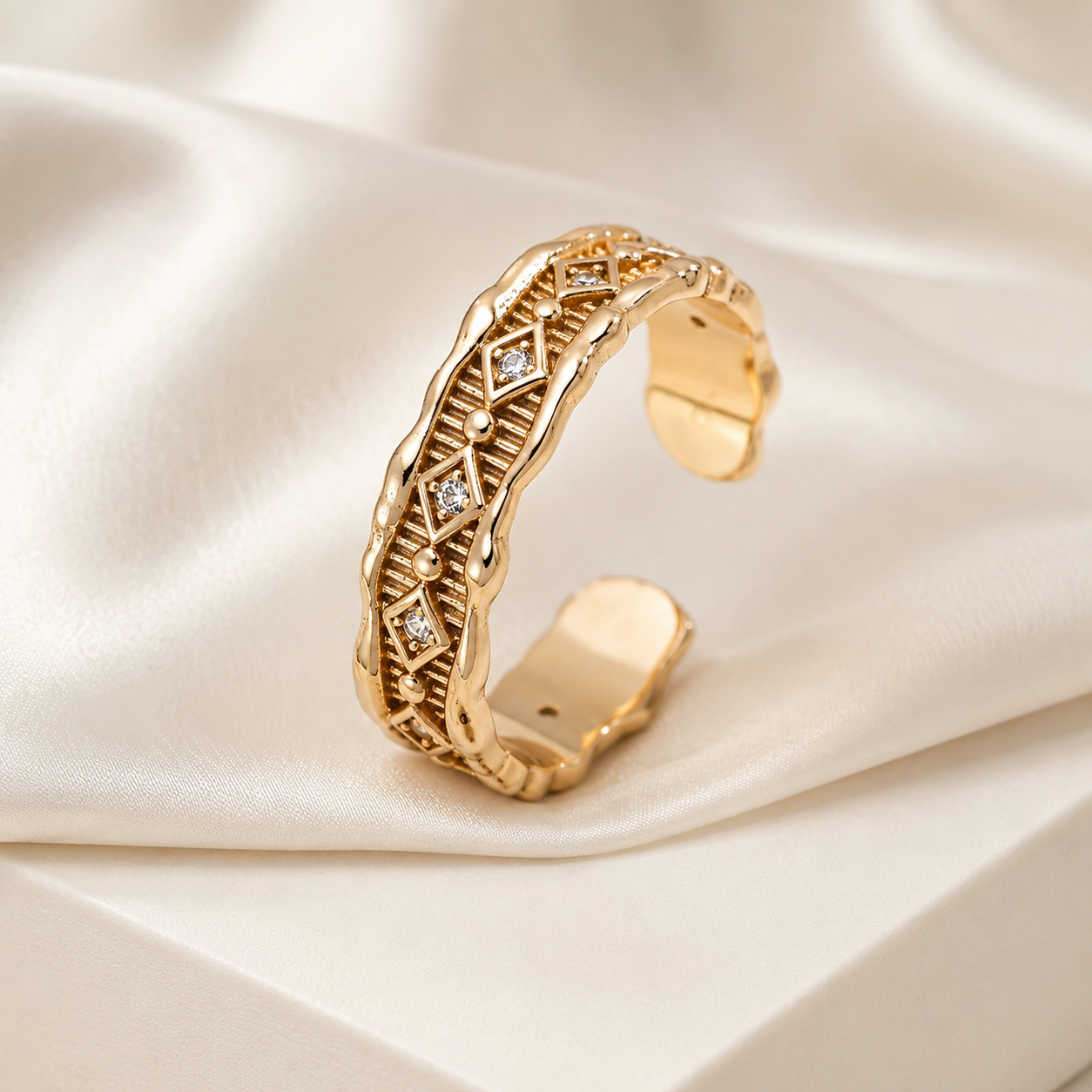Open Vintage Gold Vintage Zircon Ring on ivory satin