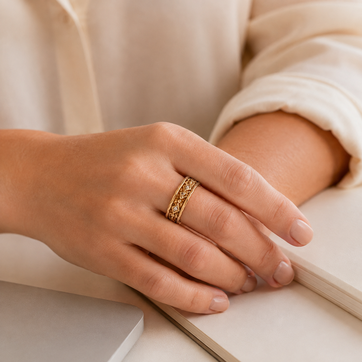Close hand view of Vintage Gold Vintage Zircon Ring beside an open notebook