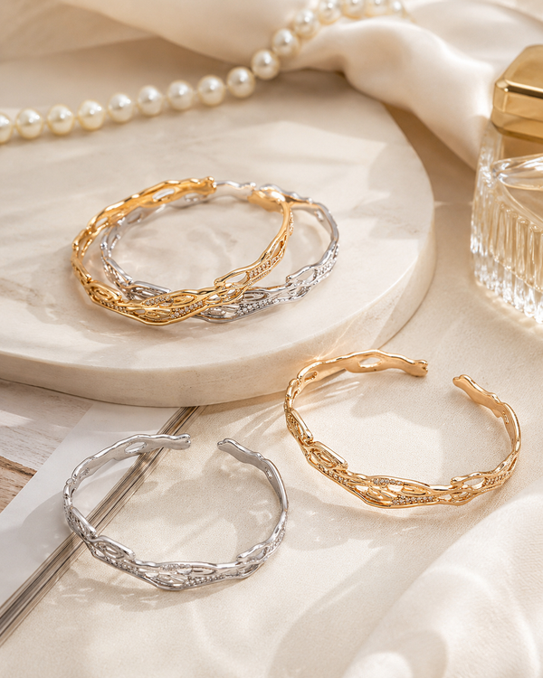 Vintage Gold and Silver celestial zircon adjustable bangles styled together