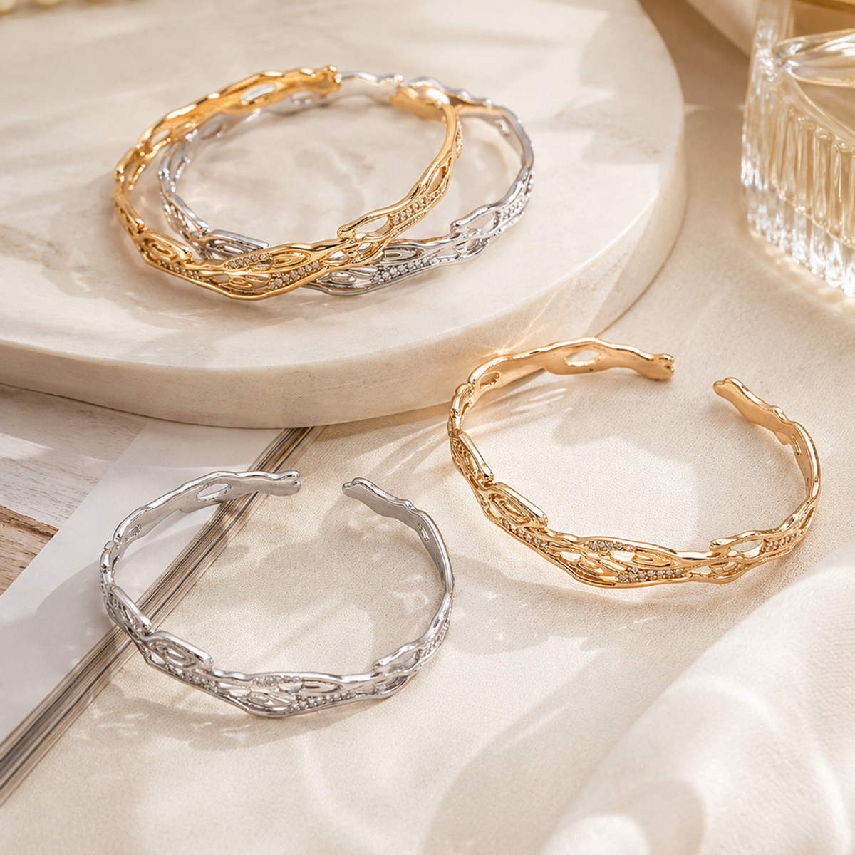 Vintage Gold and Silver celestial zircon adjustable bangles styled together