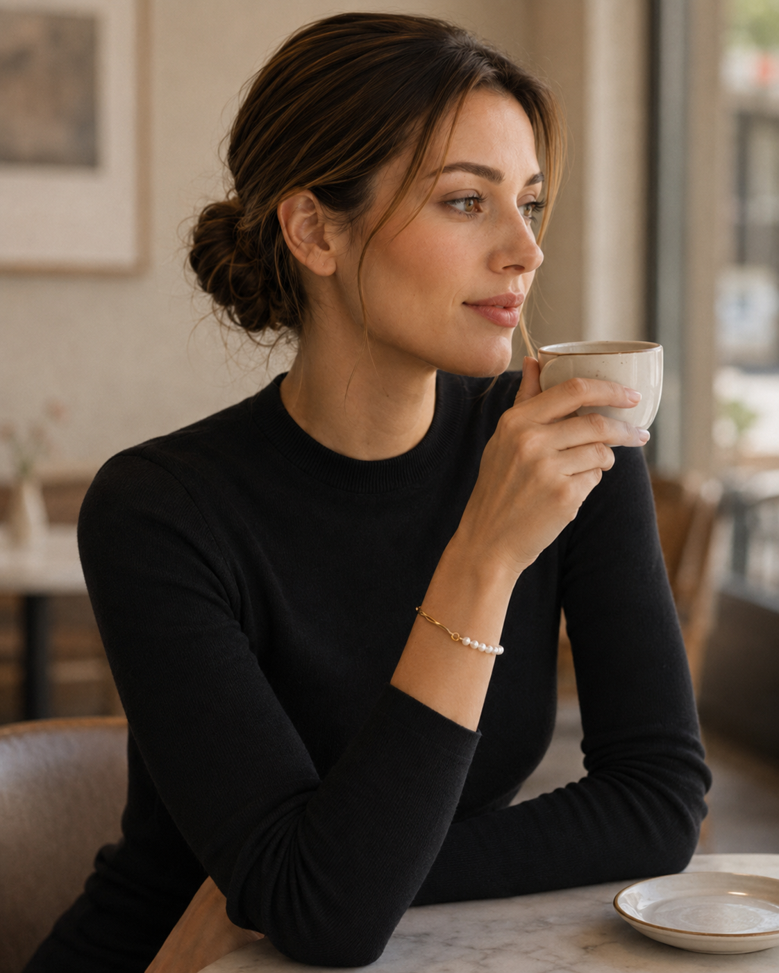 Model wearing vintage gold natural pearl bracelet