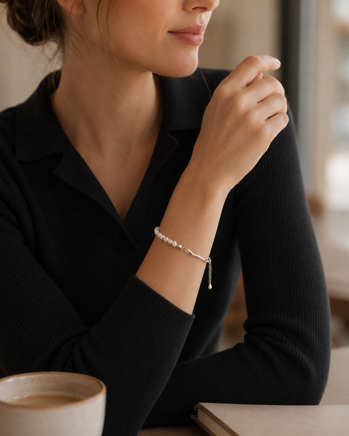 Close-up of platinum tone natural pearl bracelet on wrist