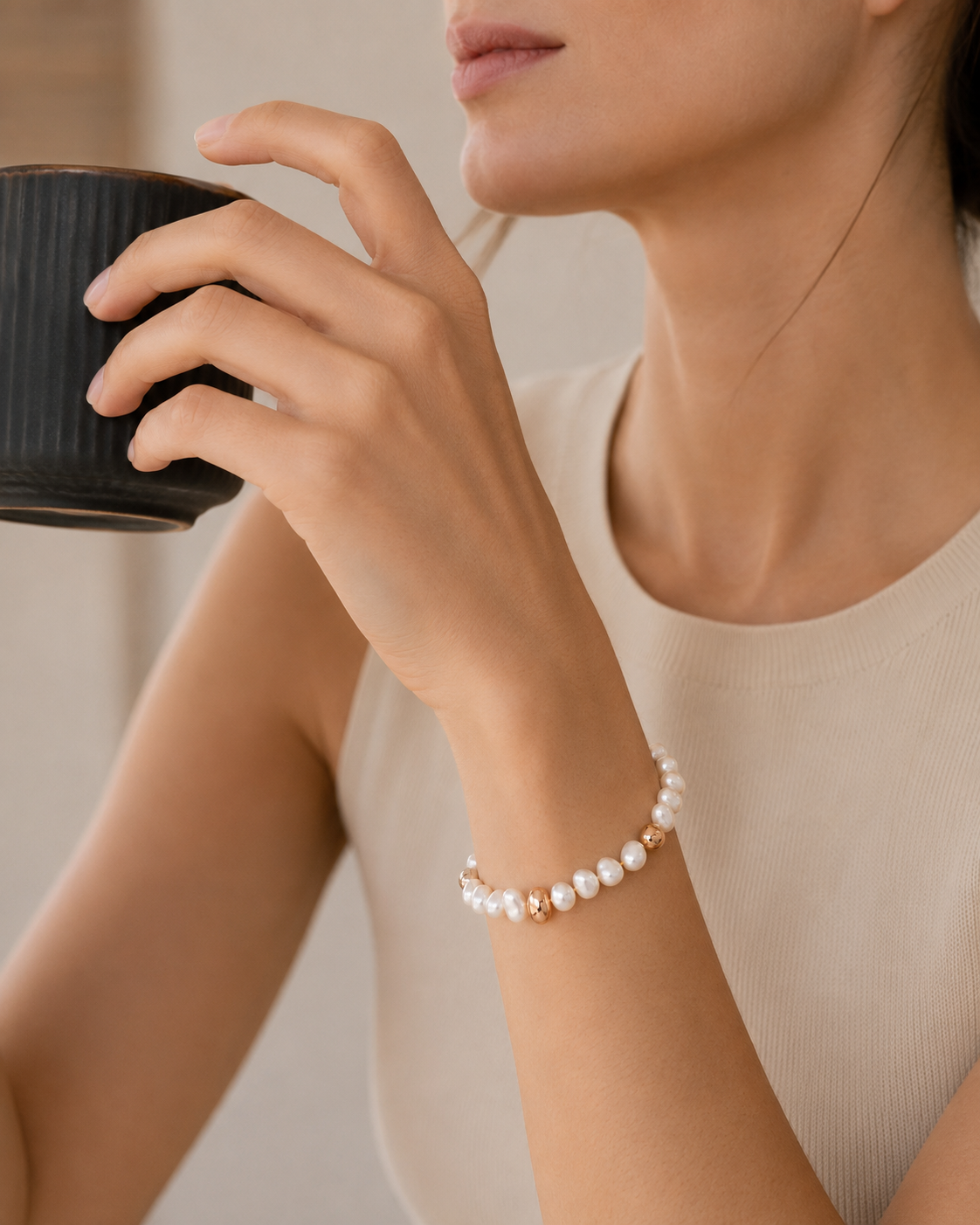 Close-up of natural pearl bracelet on wrist