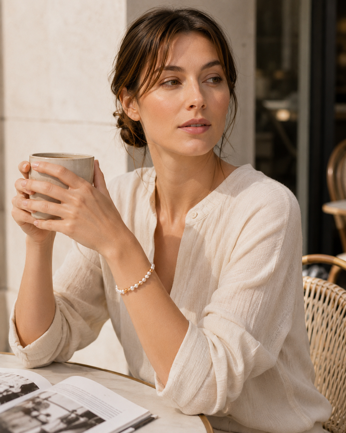 Natural pearl bracelet styled for a relaxed occasion